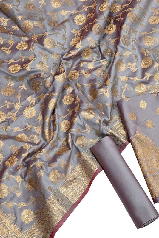 Grey Banarasi Silk Suit Set - Elegant Three Piece Unstitched Ensemble