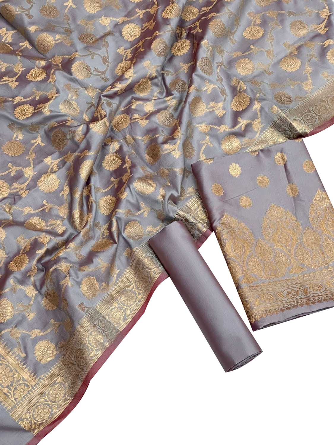 Grey Banarasi Silk Suit Set - Elegant Three Piece Unstitched Ensemble - Luxurion World