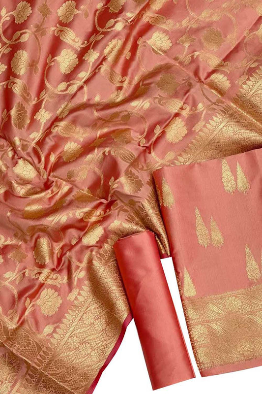 Shop the Elegant Orange Banarasi Silk Suit Set - Three Piece Unstitched Ensemble
