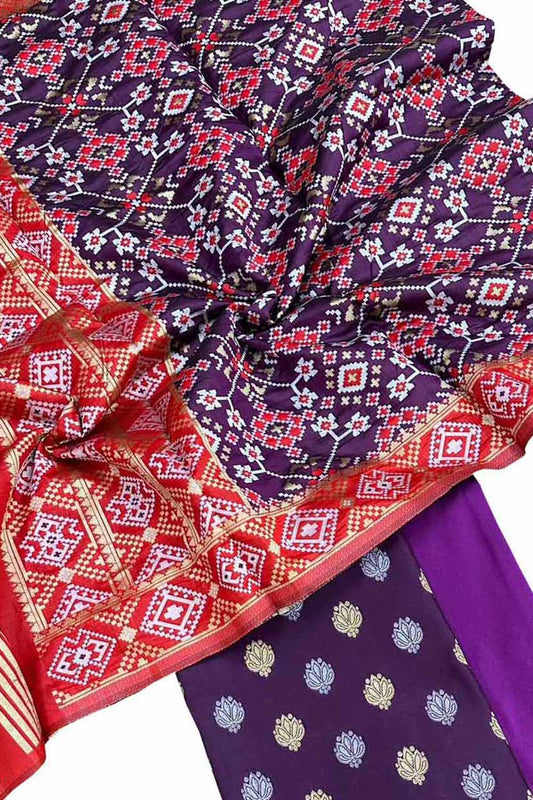Purple Banarasi Silk Unstitched Three Piece Suit Set With Patola Dupatta - Luxurion World