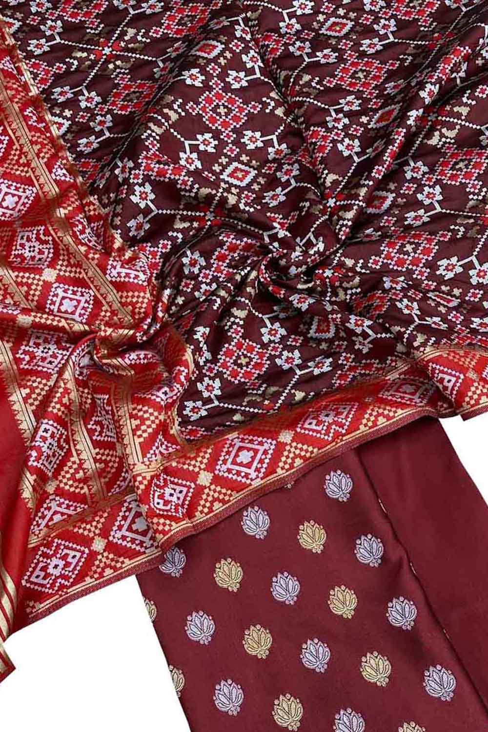 Maroon Banarasi Silk Unstitched Three Piece Suit Set With Patola Dupatta - Luxurion World