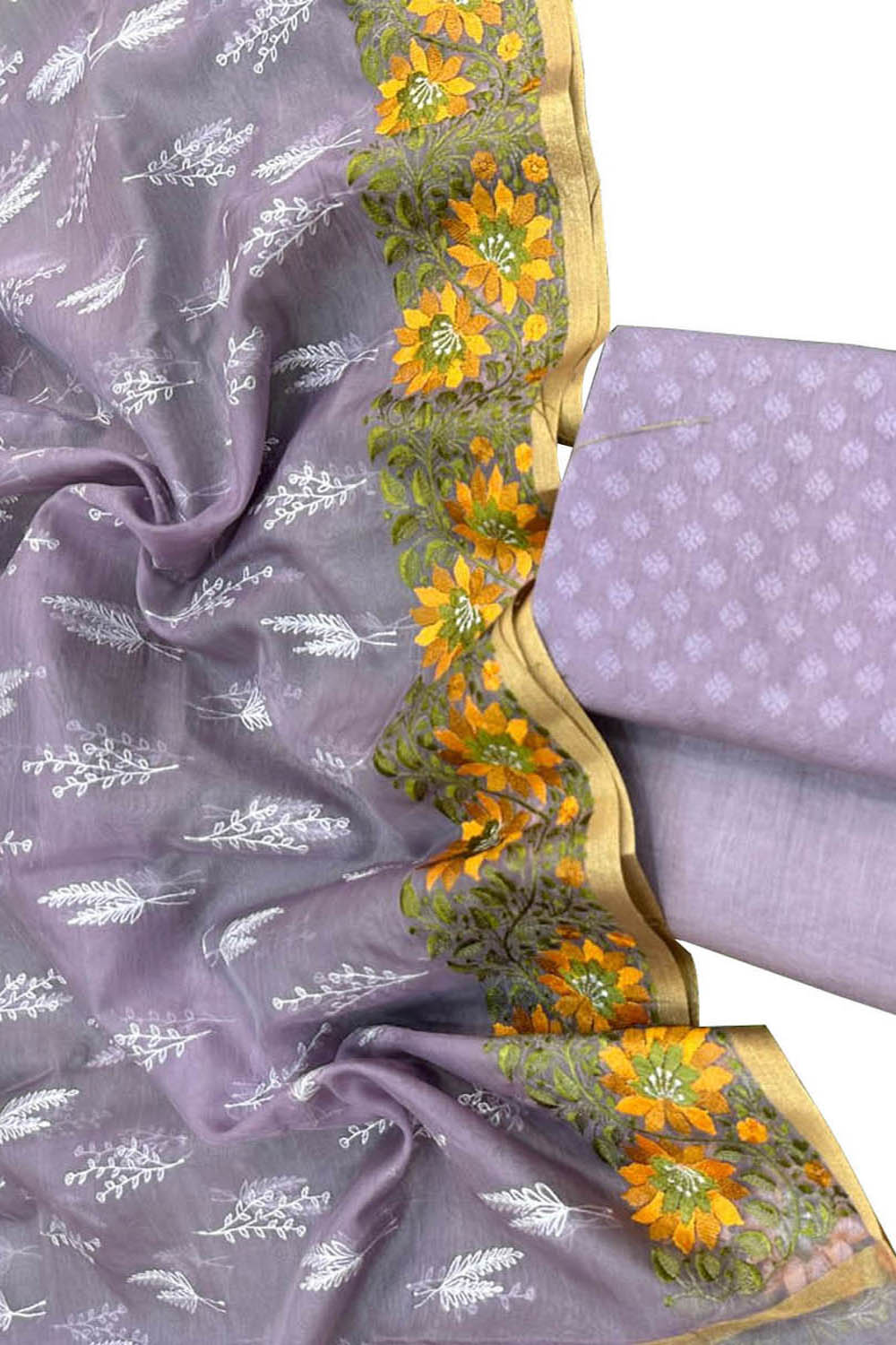 Stunning Purple Banarasi Cotton Suit Set with Embroidered Organza Dupatta - Luxurion World