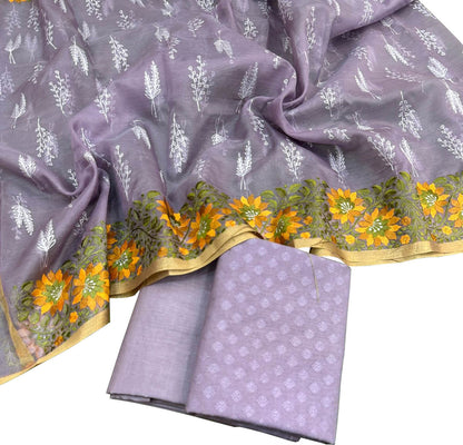 Stunning Purple Banarasi Cotton Suit Set with Embroidered Organza Dupatta - Luxurion World