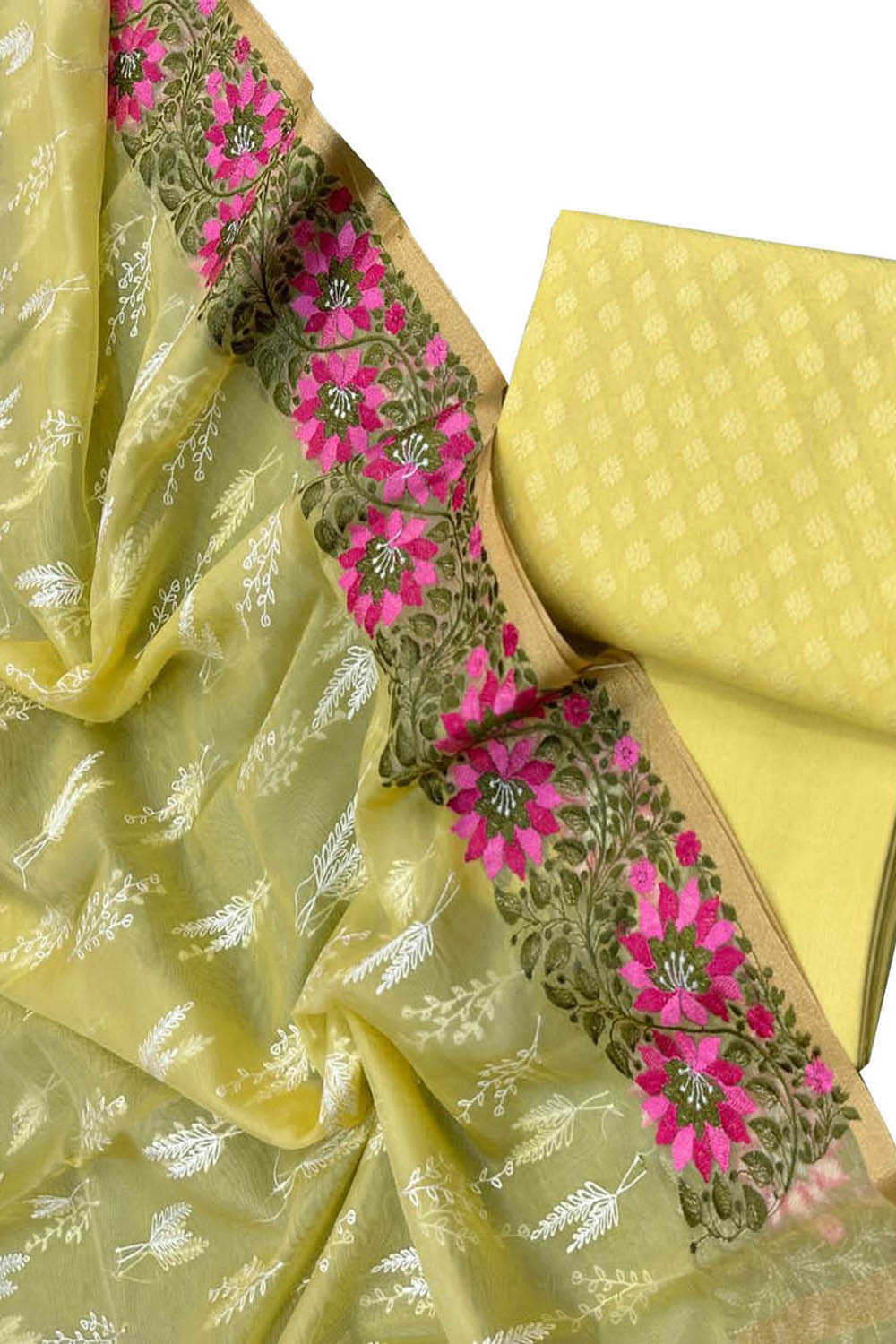 Stunning Yellow Banarasi Cotton Suit Set with Embroidered Organza Dupatta - Luxurion World