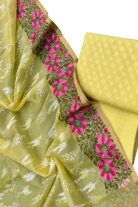 Stunning Yellow Banarasi Cotton Suit Set with Embroidered Organza Dupatta - Luxurion World