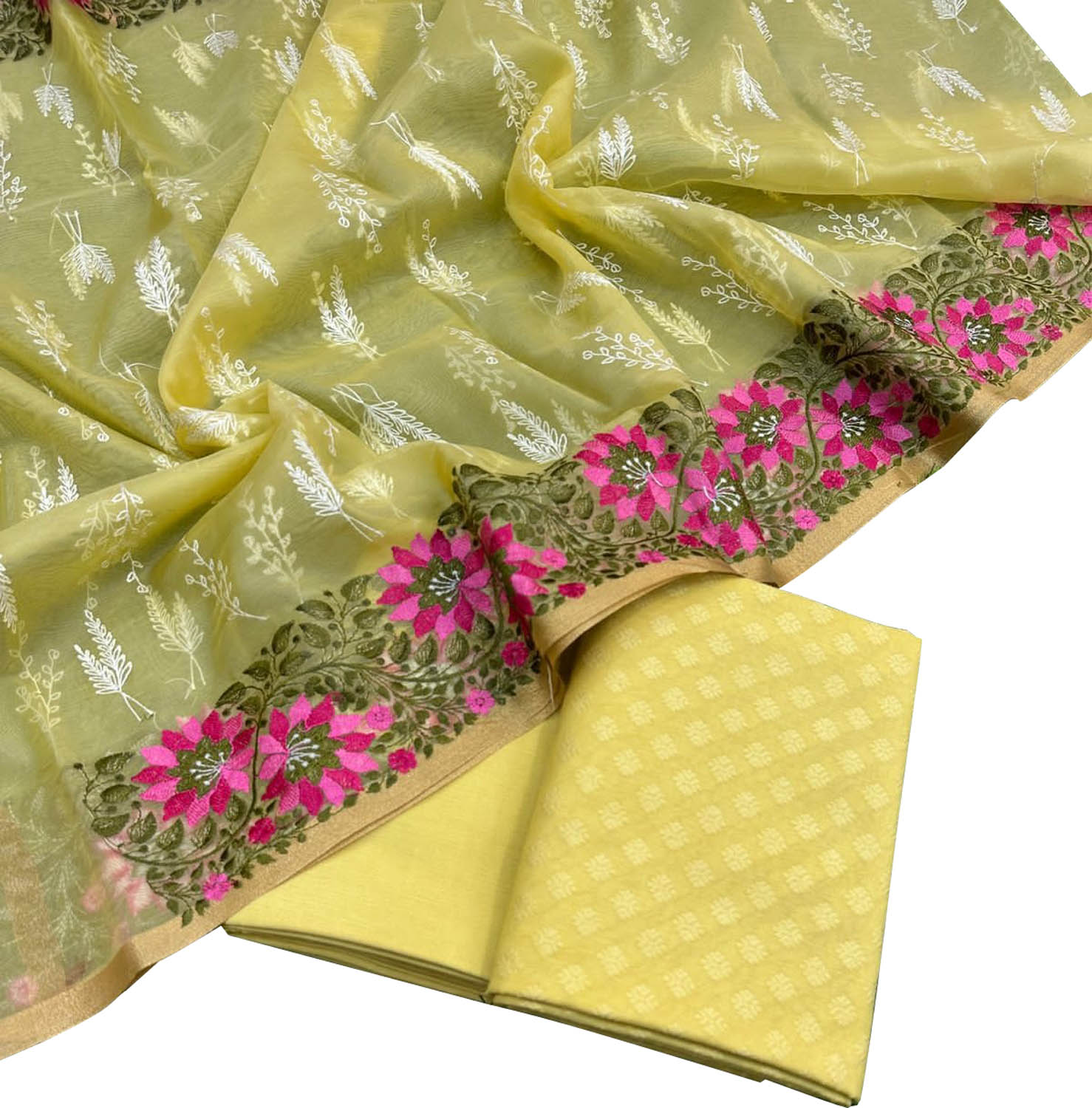 Stunning Yellow Banarasi Cotton Suit Set with Embroidered Organza Dupatta - Luxurion World