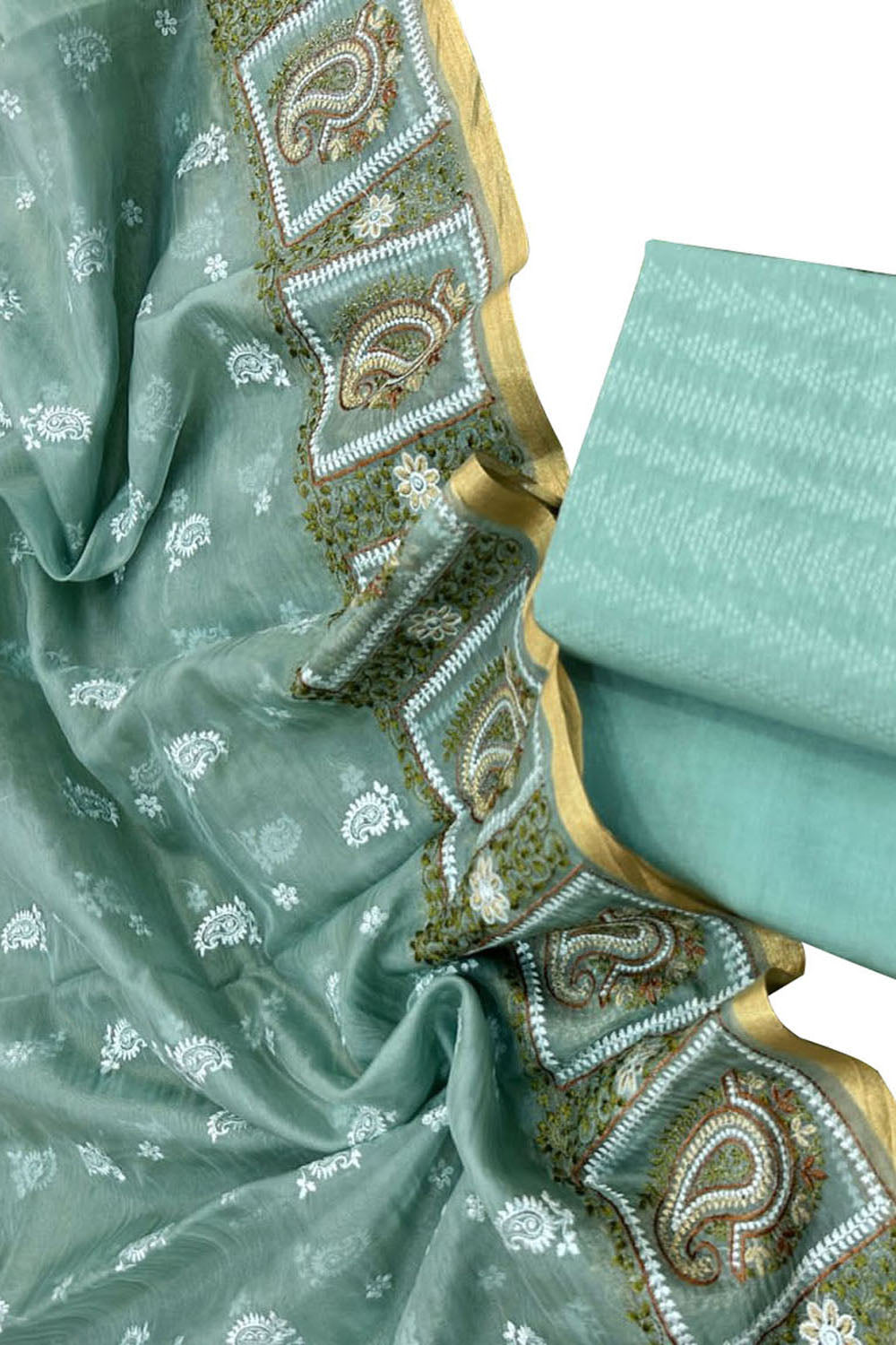 Stylish Green Banarasi Cotton Suit Set with Embroidered Organza Dupatta - Luxurion World
