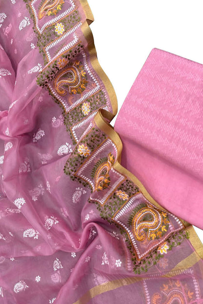 Stunning Pink Banarasi Cotton Suit Set with Embroidered Organza Dupatta