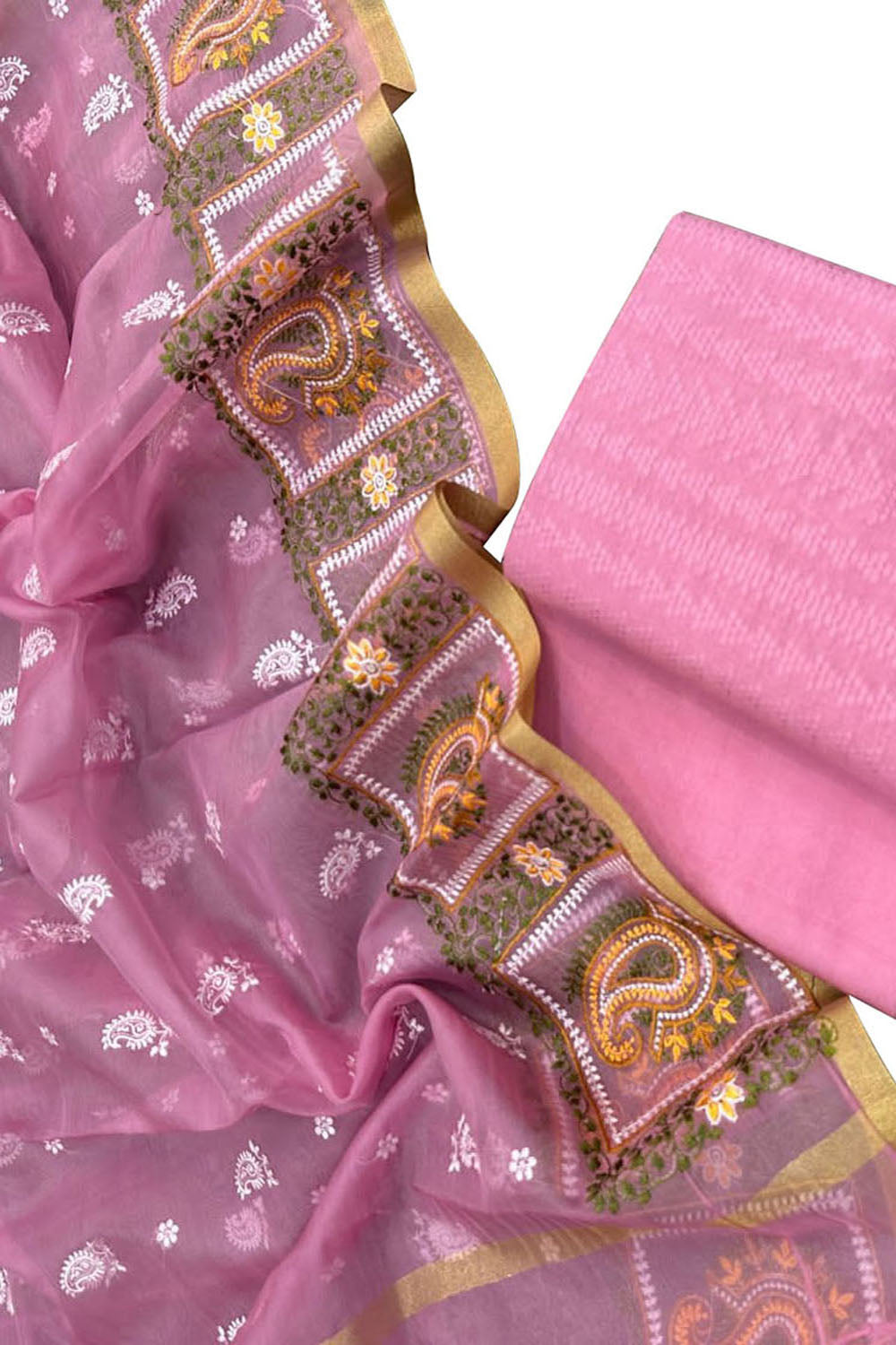 Stunning Pink Banarasi Cotton Suit Set with Embroidered Organza Dupatta - Luxurion World