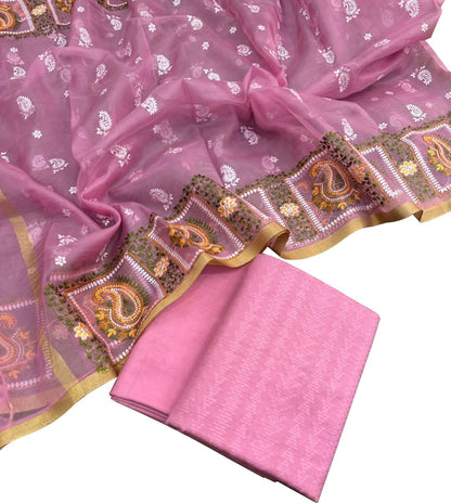 Stunning Pink Banarasi Cotton Suit Set with Embroidered Organza Dupatta - Luxurion World
