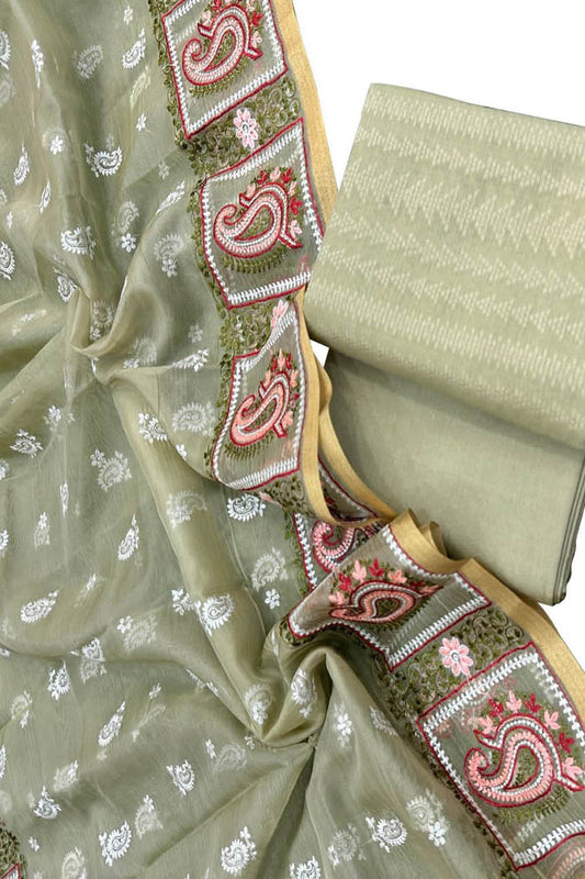 Stylish Green Banarasi Cotton Suit Set with Embroidered Organza Dupatta - Luxurion World