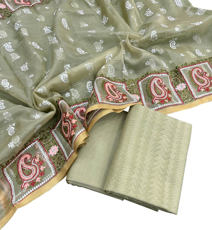 Stylish Green Banarasi Cotton Suit Set with Embroidered Organza Dupatta - Luxurion World