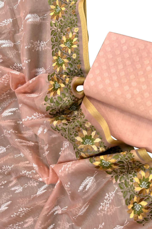 Stunning Pink Banarasi Cotton Suit Set with Embroidered Organza Dupatta - Luxurion World