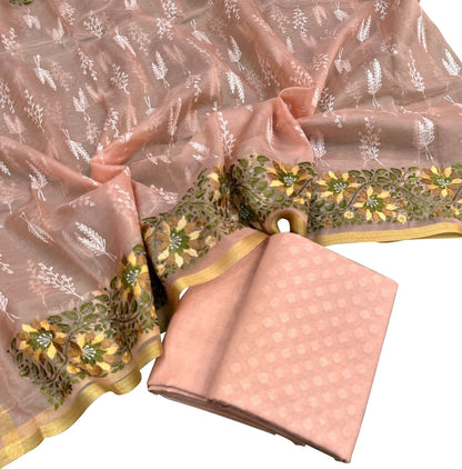 Stunning Pink Banarasi Cotton Suit Set with Embroidered Organza Dupatta - Luxurion World