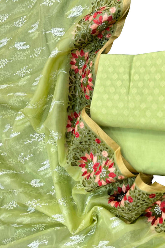 Stylish Green Banarasi Cotton Suit Set with Embroidered Organza Dupatta - Luxurion World