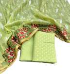 Stylish Green Banarasi Cotton Suit Set with Embroidered Organza Dupatta - Luxurion World