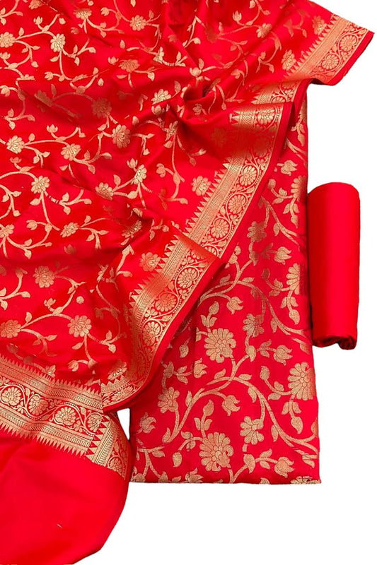 Red Banarasi Silk Three Piece Unstitched Suit Set - Luxurion World