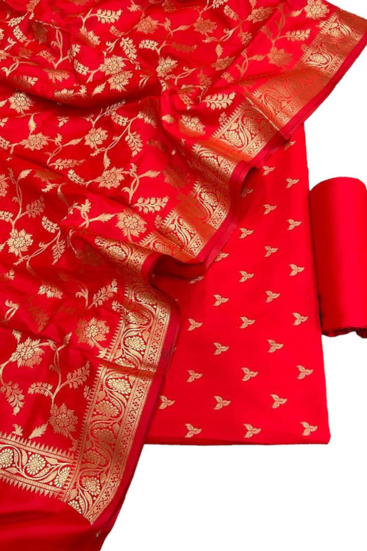 Red Banarasi Silk Three Piece Unstitched Suit Set - Luxurion World