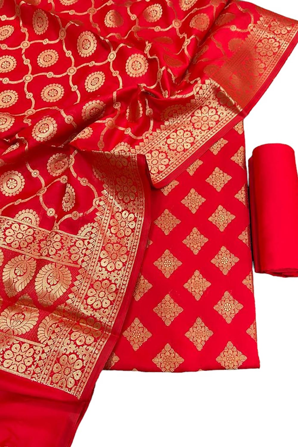 Red Banarasi Silk Three Piece Unstitched Suit Set