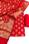 Red Banarasi Silk Three Piece Unstitched Suit Set - Luxurion World