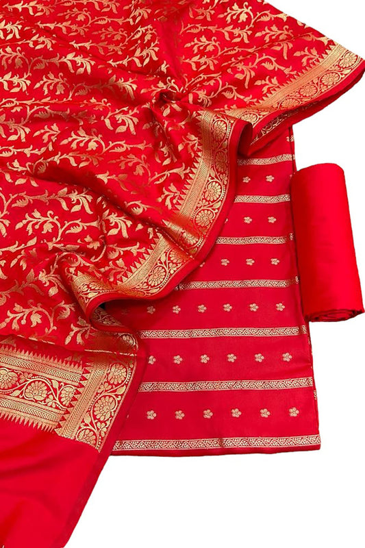 Red Banarasi Silk Three Piece Unstitched Suit Set - Luxurion World