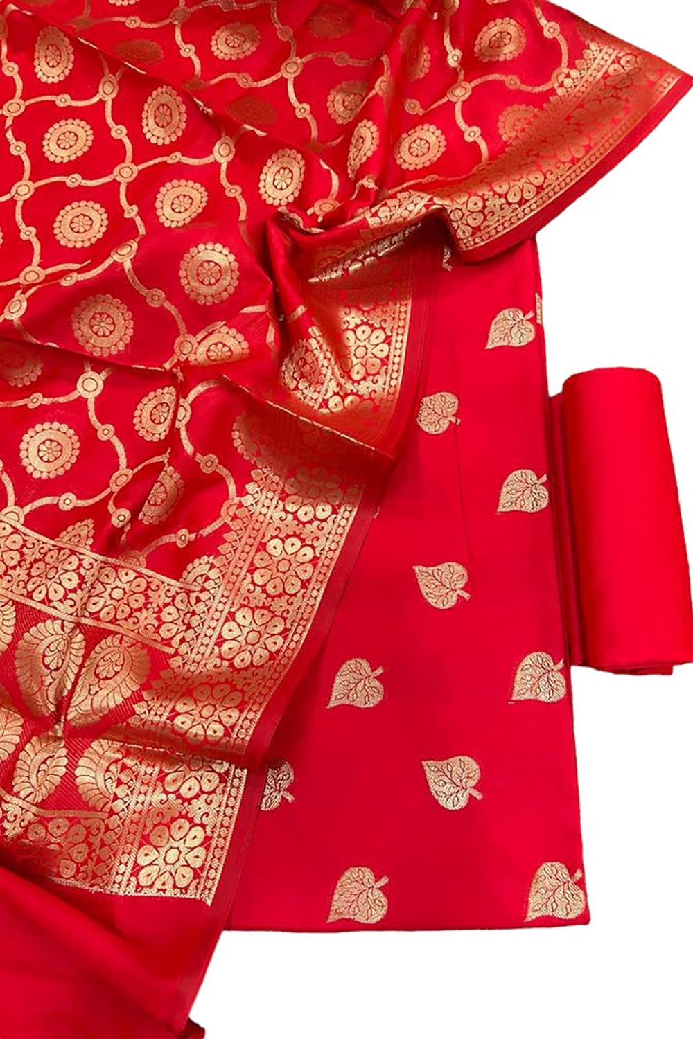 Red Banarasi Silk Three Piece Unstitched Suit Set - Luxurion World