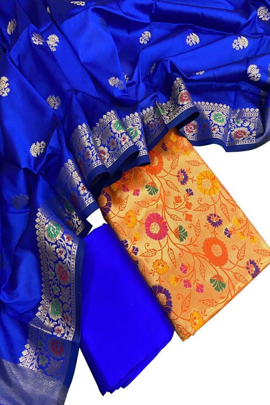 Blue Banarasi Paithani Silk Three Piece Unstitched Suit Set