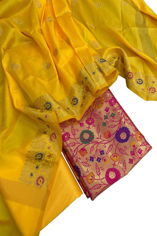 Yellow Banarasi Paithani Silk Three Piece Unstitched Suit Set