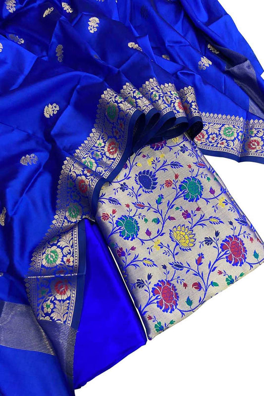 Blue Banarasi Paithani Silk Three Piece Unstitched Suit Set - Luxurion World