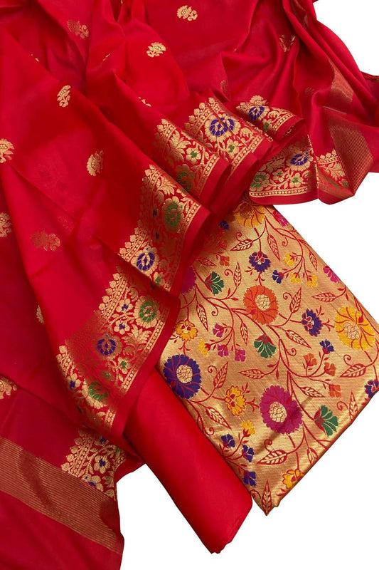 Red Banarasi Paithani Silk Three Piece Unstitched Suit Set