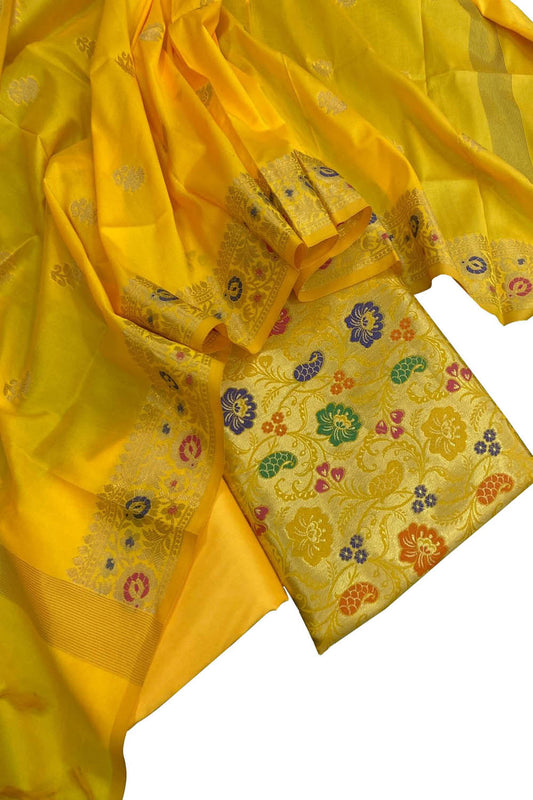 Yellow Banarasi Paithani Silk Three Piece Unstitched Suit Set - Luxurion World