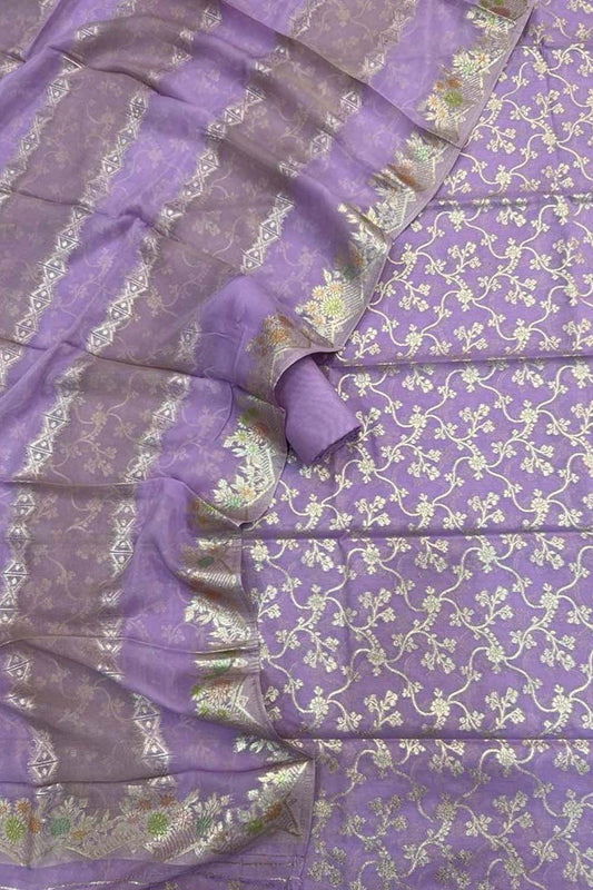 Purple Banarasi Cotton Three Piece Unstitched Suit Set With Georgette Hand Painted Dupatta - Luxurion World