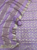 Purple Banarasi Cotton Three Piece Unstitched Suit Set With Georgette Hand Painted Dupatta - Luxurion World