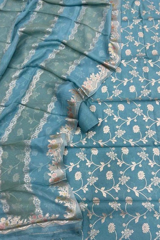 Blue Banarasi Cotton Three Piece Unstitched Suit Set With Georgette Hand Painted Dupatta