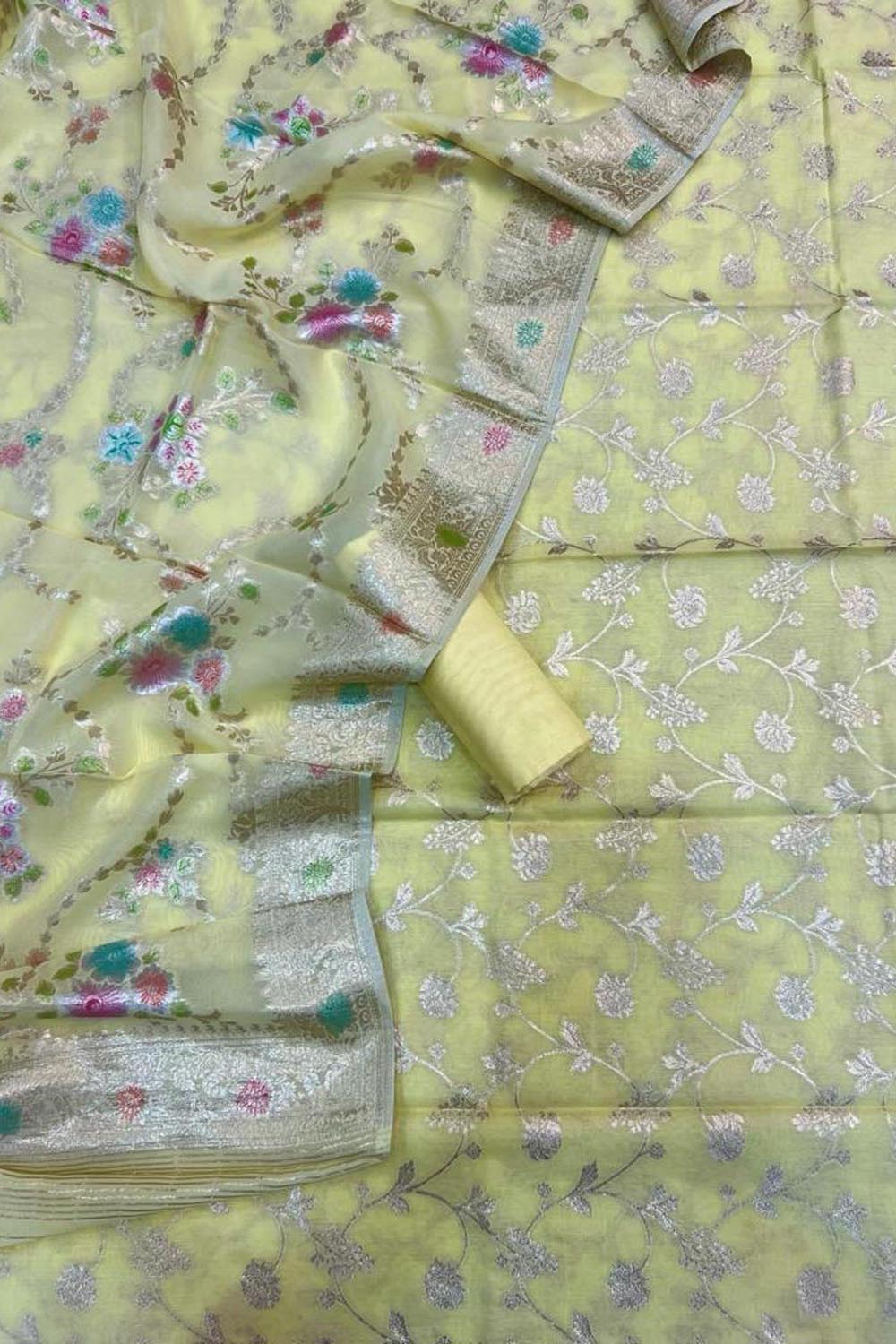 Yellow Banarasi Cotton Three Piece Unstitched Suit Set With Georgette Hand Painted Dupatta - Luxurion World