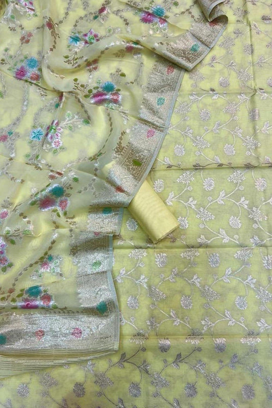Yellow Banarasi Cotton Three Piece Unstitched Suit Set With Georgette Hand Painted Dupatta - Luxurion World
