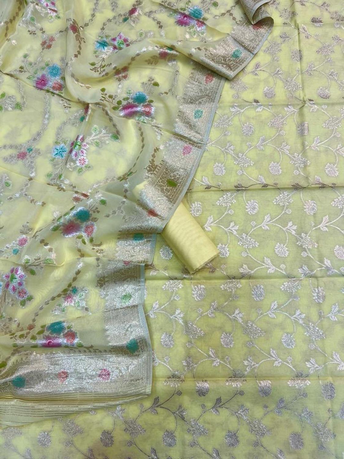 Yellow Banarasi Cotton Three Piece Unstitched Suit Set With Georgette Hand Painted Dupatta - Luxurion World