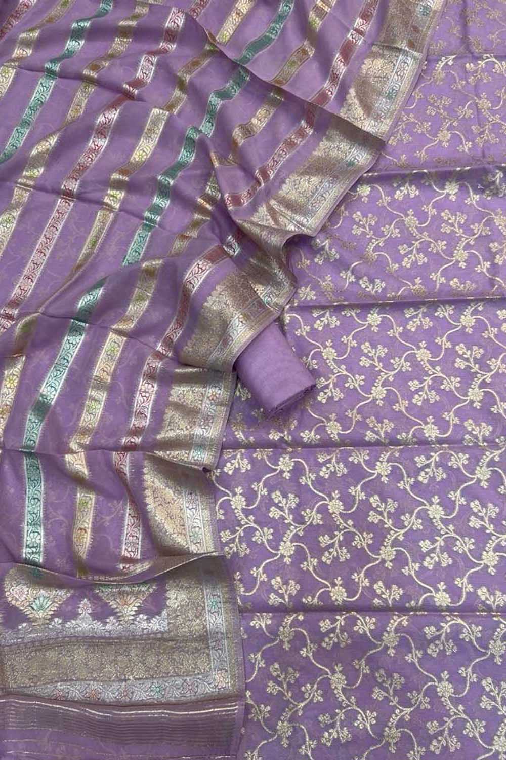 Purple Banarasi Cotton Three Piece Unstitched Suit Set With Georgette Hand Painted Dupatta - Luxurion World