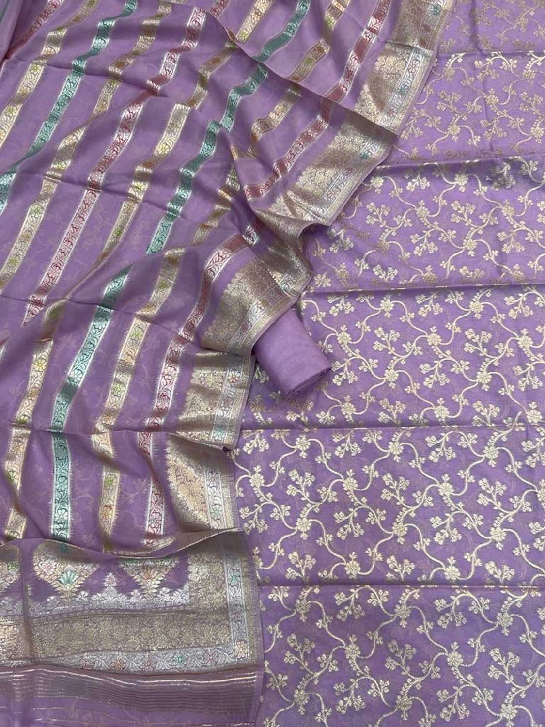 Purple Banarasi Cotton Three Piece Unstitched Suit Set With Georgette Hand Painted Dupatta - Luxurion World