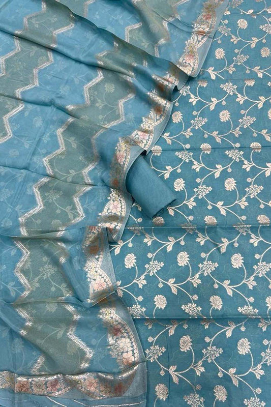 Blue Banarasi Cotton Three Piece Unstitched Suit Set With Georgette Hand Painted Dupatta - Luxurion World