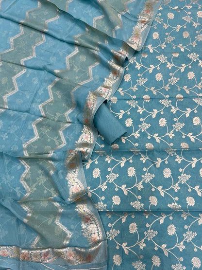 Blue Banarasi Cotton Three Piece Unstitched Suit Set With Georgette Hand Painted Dupatta - Luxurion World