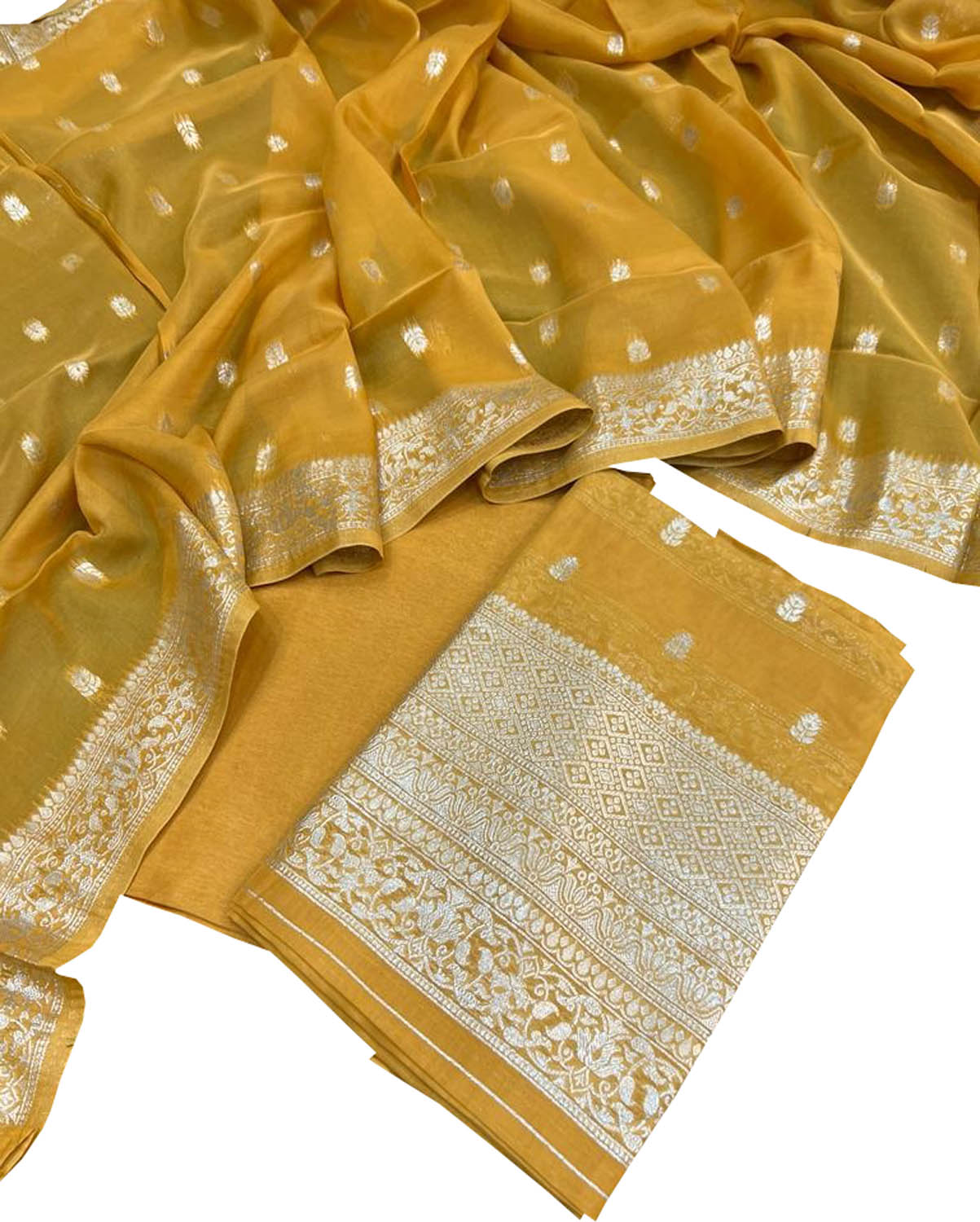 Yellow Banarasi Georgette 3-Piece Unstitched Suit Set - Luxurion World