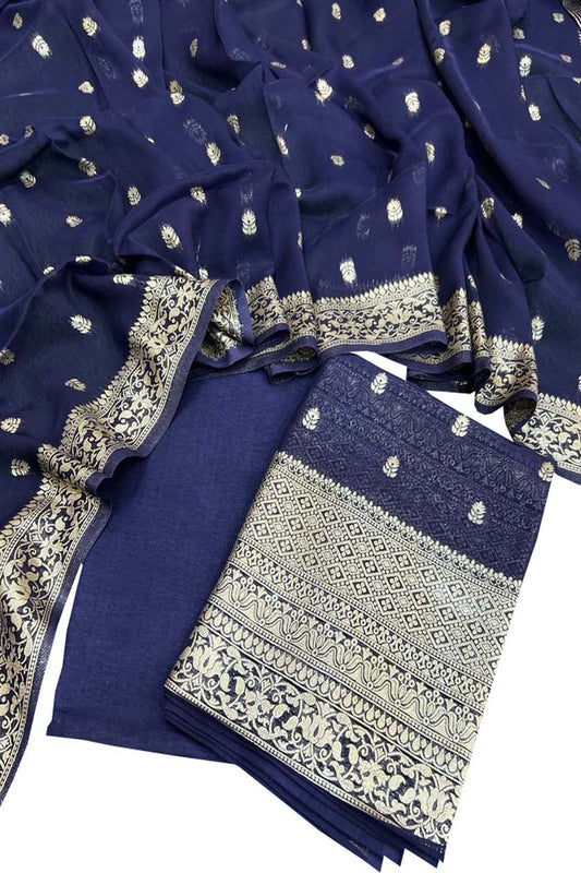 Elegant Blue Banarasi Georgette Three Piece Suit Set - Luxurion World