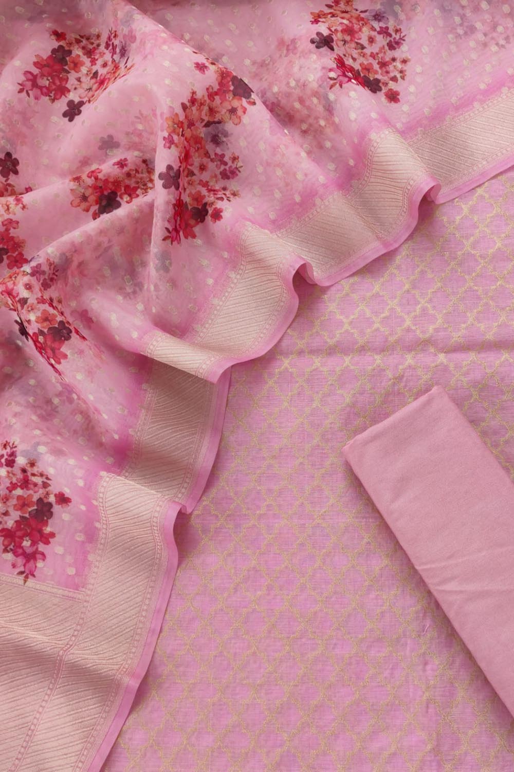 Pink Banarasi Organza Silk Three Piece Unstitched Suit Set - Luxurion World