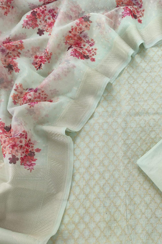 Green Banarasi Organza Silk Three Piece Unstitched Suit Set - Luxurion World