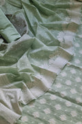 Green Banarasi Chanderi Silk Three Piece Unstitched Suit Set - Luxurion World