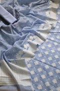 Blue Banarasi Chanderi Silk Three Piece Unstitched Suit Set - Luxurion World