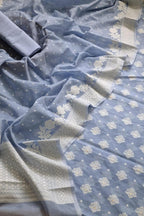 Blue Banarasi Chanderi Silk Three Piece Unstitched Suit Set - Luxurion World