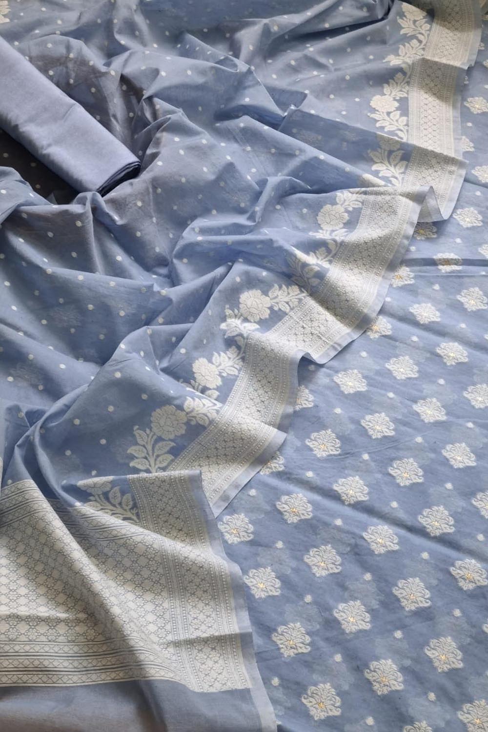 Blue Banarasi Chanderi Silk Three Piece Unstitched Suit Set - Luxurion World