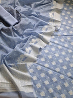 Blue Banarasi Chanderi Silk Three Piece Unstitched Suit Set - Luxurion World
